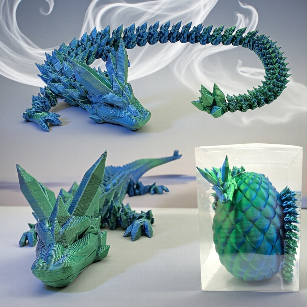 20 In Blue Green Articulated 3D Printed Dragon Figure with Dragon Egg Fidget Toy